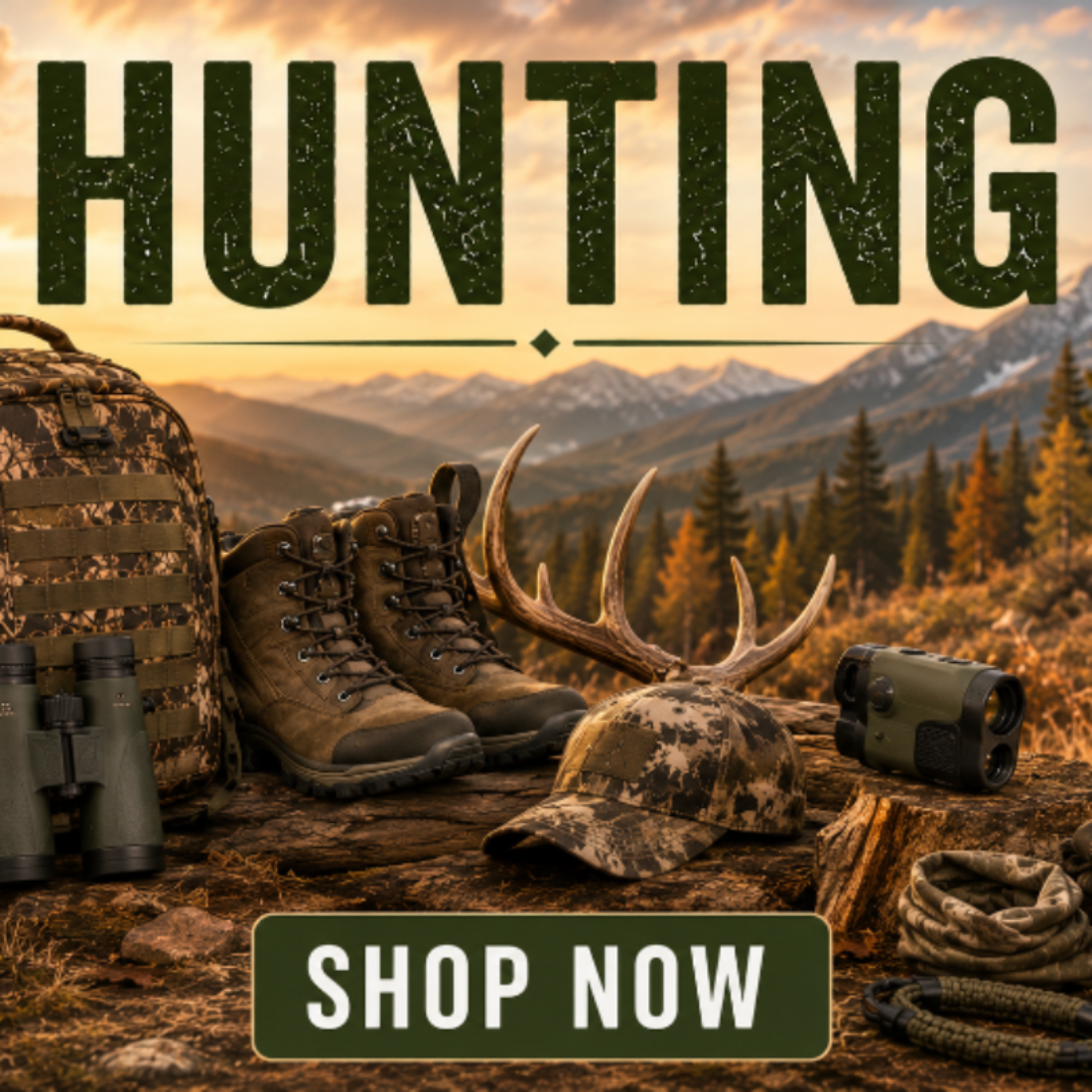 A hunting-themed promotional graphic with the word 'HUNTING' in large distressed letters over a mountain-and-forest landscape at sunset. In the foreground are camouflage and outdoor gear, including a backpack, binoculars, hiking boots, a deer antler cap, a thermos, gloves, and a hat, with a 'SHOP NOW' button at the bottom.